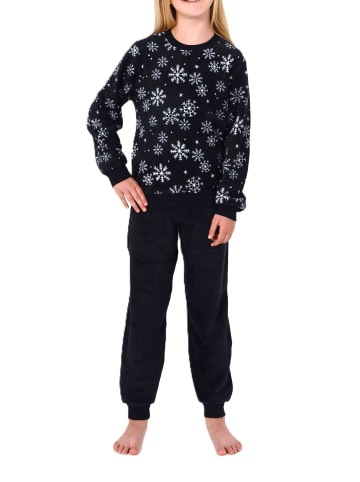 NORMANN Warmer Mädchen Schlafanzug Pyjama aus Coralfleece in navy