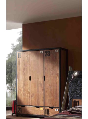 58 aufm Kessel KINDERZIMMERSCHRANK Kameko 148x55x200 MDF+Massivholz Schwarz/Cognac