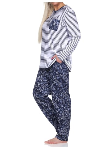 NORMANN Schlafanzug Pyjama lang Oberteil gestreift Hose Blümchenmuster - 72504 in weiss