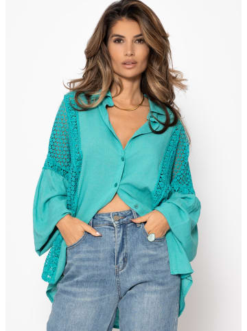 SASSYCLASSY Leinen Bluse mit Spitze in Aqua