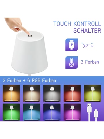 ZMH Tischleuchte in weiß Wiederaufladbar RGB Touch Dimmbar 2W USB IP54 H 37.5cm