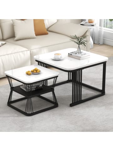 ABRIHOME Beistelltisch Set in Weiß Schwarz 2-tlg Marmoroptik 65x45 cm 45x39,5 cm