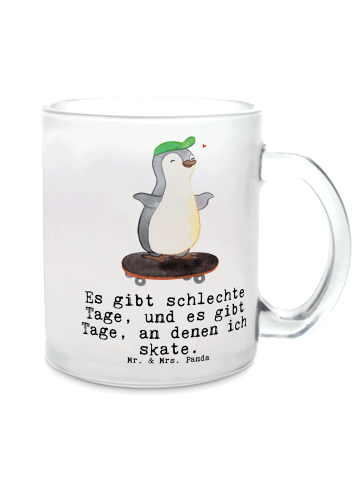 Mr. & Mrs. Panda Trinkglas Pinguin Skateboarden mit Spruch in Transparent