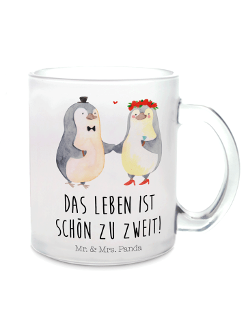 Mr. & Mrs. Panda Becher Glas Pinguin Heirat mit Spruch in Transparent
