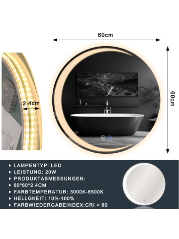 ZMH Badspiegel mit Beleuchtung in nickel Dimmbar IP44 rund mit Touch-Schalter Ø60cm