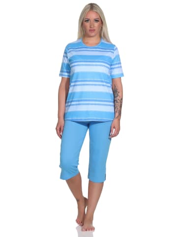 NORMANN Capri Schlafanzug kurzarm Pyjama frohen Streifen Look in blau