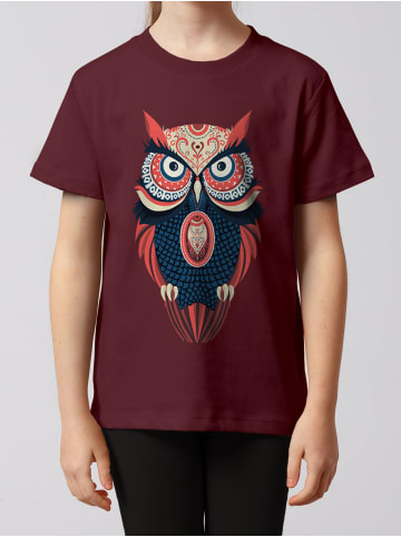 wat? Apparel T-Shirt Colorful Owl in Weinrot