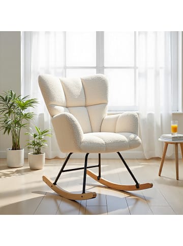 Home Nature Wohnkonzept Schaukelstuhl aus Lammfell und Eiche in Cremeweiß 91x71x98.5 cm