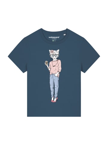 wat? Apparel T-Shirt Hipster Cat with Moustache in Petrol