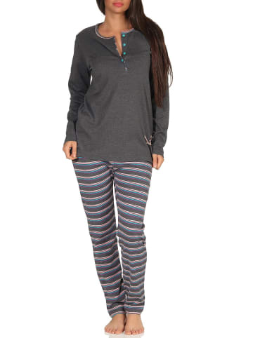 Pyjama Kuschelinterlock Hose gestreift Faultier - 48929 in anthrazit-melange