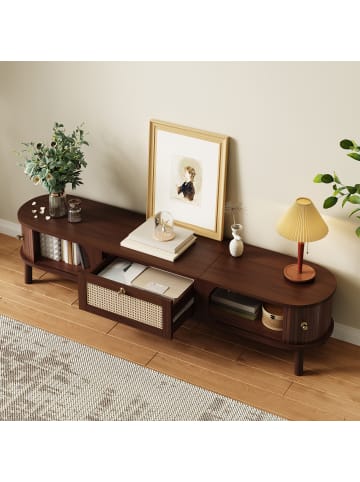 ABRIHOME TV-Schrank in Walnussfarbene mit Naturholztüren und Rattan-Schubladen