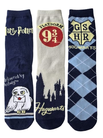 Harry Potter 3er Pack Harry Potter Socken Hedwig Gleis 9 3/4 Strümpfe in blau/weiß