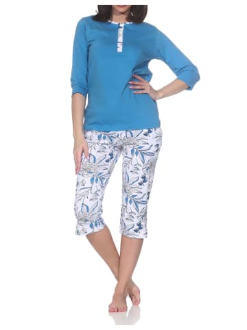 NORMANN Kurzarm Pyjama Caprihose floralem print in blau