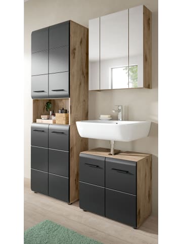 Inn.Furn Badmöbel-Set 3-teilig schwarz matt, Nox Eiche 135 cm inklusive Hochschrank