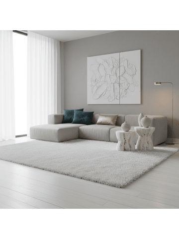 KADIMA DESIGN Teppich Hochflor Shaggy Waschbar Einfarbig SALZACH Strapazierfähig in Weiß