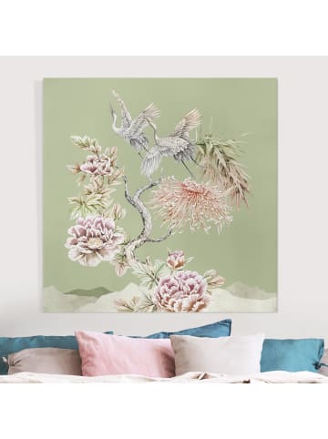 WALLART Leinwandbild - Aquarell Störche im Flug mit Blumen auf Grün in Grün