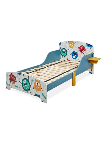 relaxdays Kinderbett "kleine Monster" in Blau/ Weiß - (B)94 x (H)60 x (T)143 cm