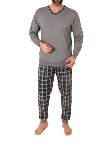 NORMANN Langarm Schlafanzug Bündchen und karierter Jersey Pyjamahose - 86159 in grau