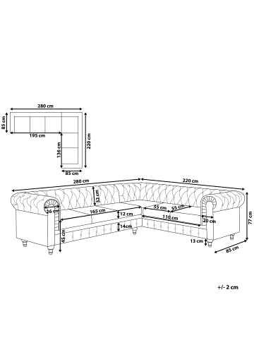 Beliani Ecksofa CHESTERFIELD in Grau/Braun - (W) 280 x (H) 77 x (L) 85 cm