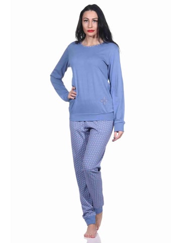 NORMANN langarm Schlafanzug Pyjama Bündchen und allover bedrucker Hose in blau