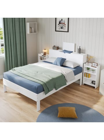 ABRIHOME Holzbett Doppelbett mit Lattenrost und Nachttischen 140x200cm in Weiß