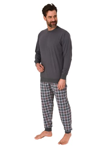 NORMANN langarm Schlafanzug Pyjama Bündchen und karierter Jersey Hose - 83160 in grau