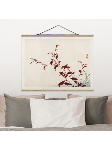 WALLART Stoffbild - Asiatische Vintage Zeichnung Roter Zweig mit Libelle in Rot
