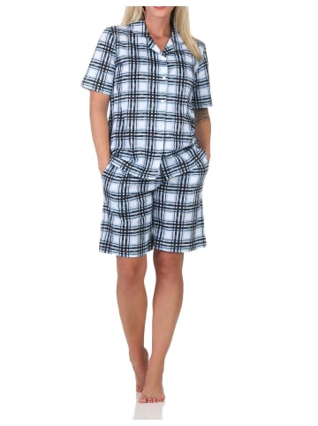 NORMANN Langarm Jersey Pajama Shorty Karo Optik Übergröße in hellblau