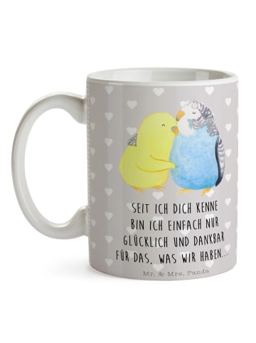 Mr. & Mrs. Panda Keramikbecher Wellensittich Liebe mit Spruch in Grau Pastell