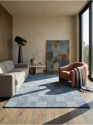 KADIMA DESIGN Teppich Wolle DEBEN Karo Wohnzimmer Modern Schachbrett Muster in Blau
