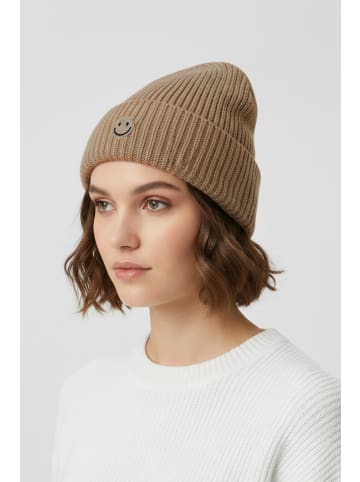 Faera Strickmütze mit Smiley und feinem Rippenstrick in Braun