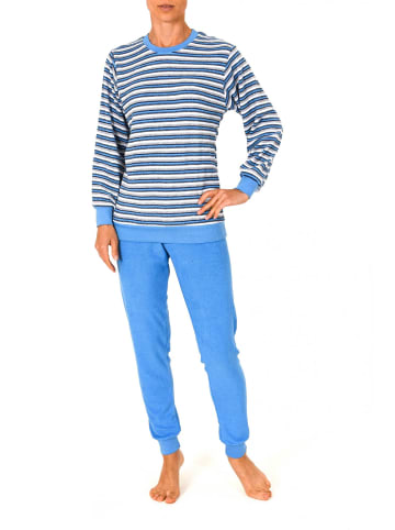 NORMANN Frottee Schlafanzug Bündchen Rundhals geringelt - 10255 in hellblau