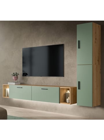 Inn.Furn Wohnwand in grün und Artisan Eiche 249 cm, Wohnkombination hängend oder stehend