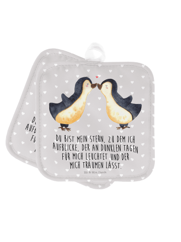 Mr. & Mrs. Panda Ofenhandschuh Pinguin Liebe mit Spruch in Grau Pastell