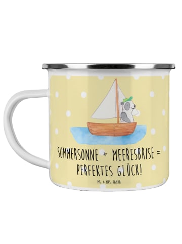Mr. & Mrs. Panda Camping Emaille Tasse Sommer Meer Glück mit Spruch in Gelb Pastell