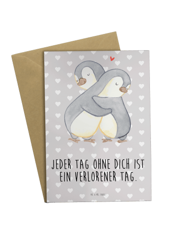 Mr. & Mrs. Panda Grußkarte Pinguine Kuscheln mit Spruch in Grau Pastell