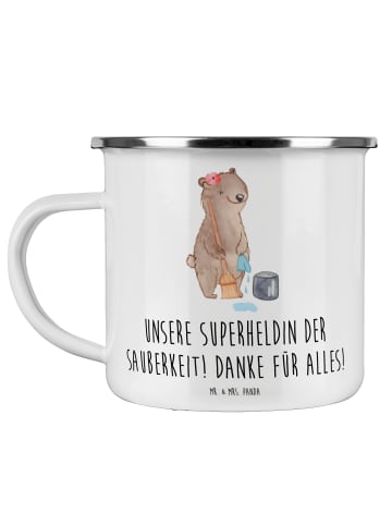 Mr. & Mrs. Panda Emaille Tasse Putzfrau Superheldin mit Spruch in Weiß