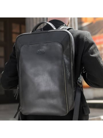 SID & VAIN Leder-Rucksack echt Leder Rucksack groß | 15 Zoll Laptop Fach schwarz in schwarz