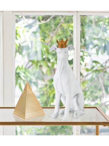 Mauro Ferretti Sitzende Hundestatue aus weißem Kunstharz mit goldener Krone, 20 x 12,5 x 33 cm