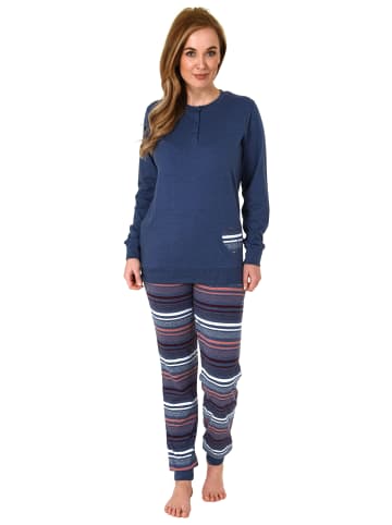 NORMANN Pyjama Bündchen und gestreifter Hose - 69179 in blau-melange