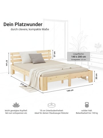 Homestyle4u Holzbett 140x200 mit Lattenrost und Matratze in Braun