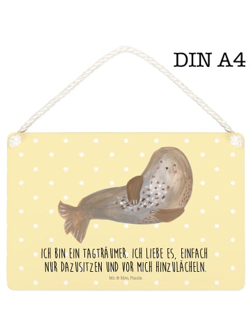 Mr. & Mrs. Panda Schild Robbe Lachen mit Spruch in Gelb Pastell