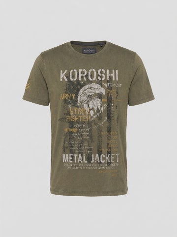 KOROSHI Crew cotton print-emb washed t-shirt in khaki