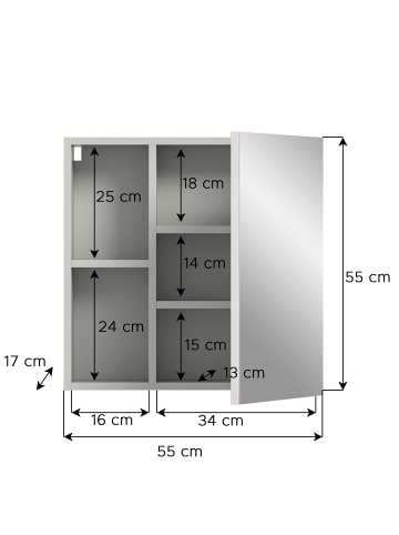 xonox.home Spiegelschrank in hellgrau/Hellgrau / Spiegelfront - (B) 55 x (H) 55 x (T) 17