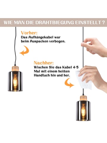 ZMH Pendelleuchte 1-flammige E27 in rauchgrau Holz und Glas rund Vintage