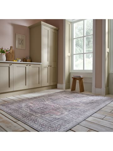 KADIMA DESIGN Waschbarer Teppich Vintage Geometrisch, Orientalisch, Küche in Grau-Rosa