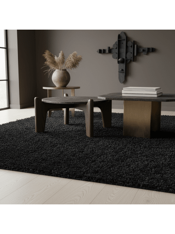 KADIMA DESIGN Teppich Hochflor Shaggy Waschbar Einfarbig SPREE Strapazierfähig in Schwarz