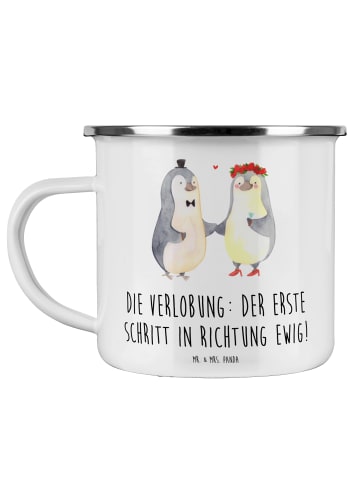 Mr. & Mrs. Panda Camping Emaille Tasse Verlobung Schritt mit Spruch in Weiß