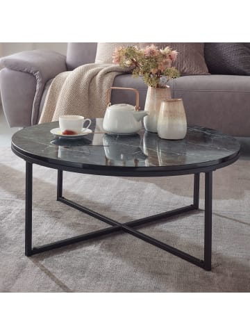 KADIMA DESIGN Runder Couchtisch in Marmor-Optik, 80 cm Durchmesser, Hochglanz in Schwarz