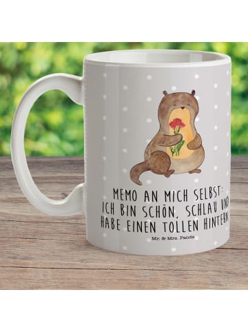 Mr. & Mrs. Panda Plastikbecher Otter Blumenstrauß mit Spruch in Grau Pastell